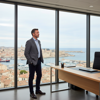 entreprendre 50 ans — Un homme d'affaires souriant, d'environ 50 ans, devant un ordinateur portable, symbolisant le