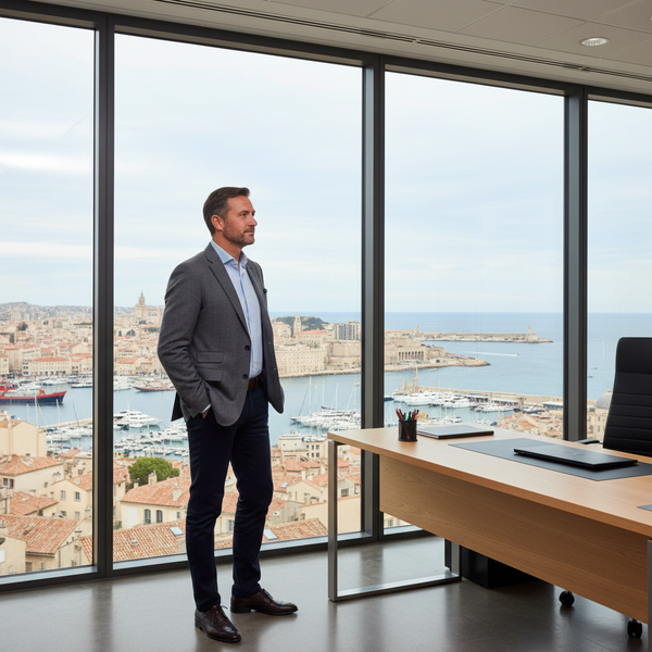 entreprendre 50 ans — Un homme d'affaires souriant, d'environ 50 ans, devant un ordinateur portable, symbolisant le