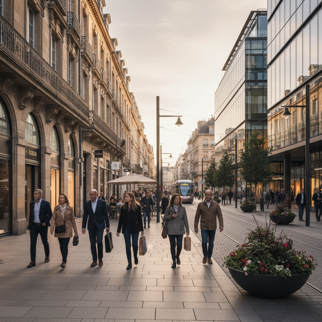 entreprendre ville moyenne — Vue aérienne d'une ville moyenne française animée, symbolisant le dynamisme