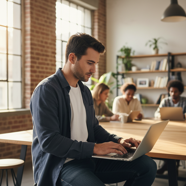 Jeune entrepreneur Gen Z utilisant un ordinateur portable avec des éléments d'IA et de code en arrière-plan, symbolisant l'innovation et la rapidité de création d'entreprise.