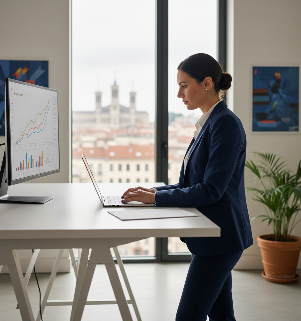 Une femme entrepreneure souriante travaillant sur un ordinateur portable, symbolisant le succès grâce aux aides à l'entrepreneuriat féminin.