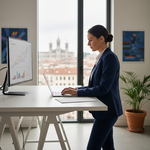 Une femme entrepreneure souriante travaillant sur un ordinateur portable, symbolisant le succès grâce aux aides à l'entrepreneuriat féminin.