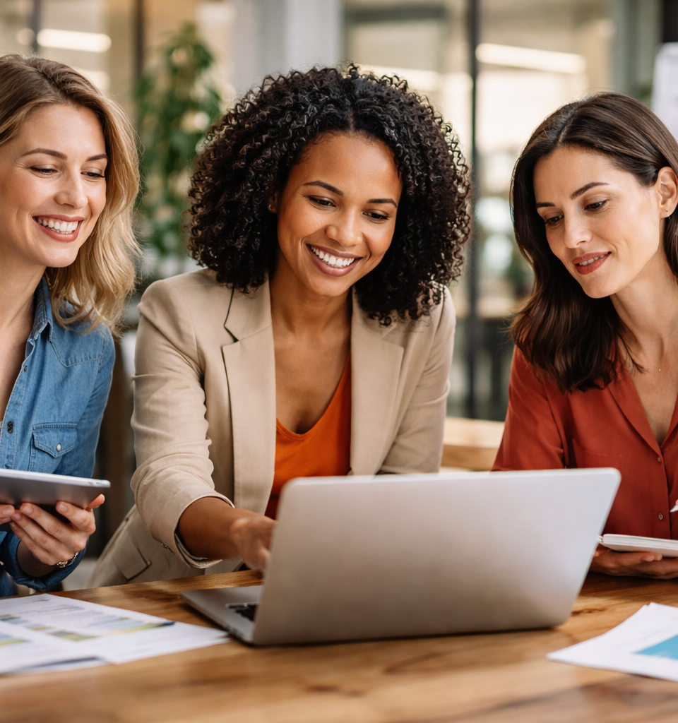 Trois femmes entrepreneures réunies autour d’un ordinateur dans un espace de travail moderne, échangeant sur le développement de leur entreprise.