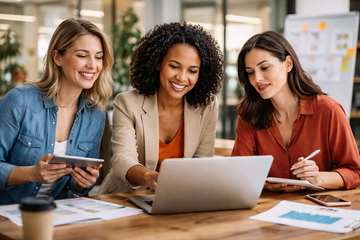 Trois femmes entrepreneures réunies autour d’un ordinateur dans un espace de travail moderne, échangeant sur le développement de leur entreprise.