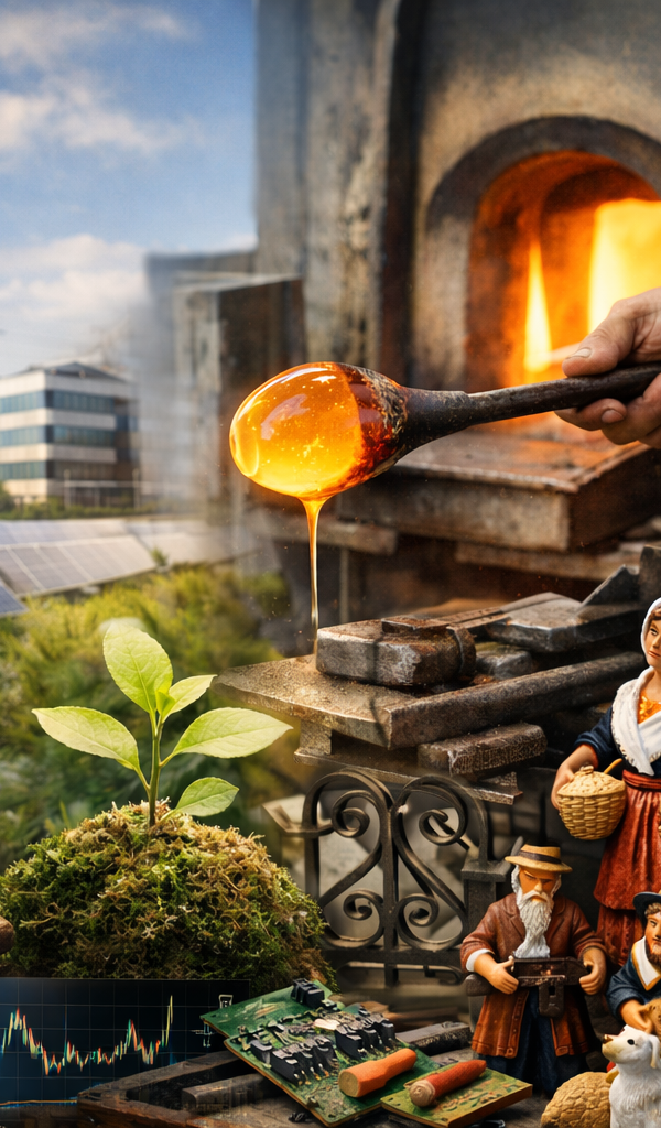 Atelier de production moderne d'une entreprise greentech française en 2026, avec des techniciens assemblant un produit innovant pour la sobriété énergétique.