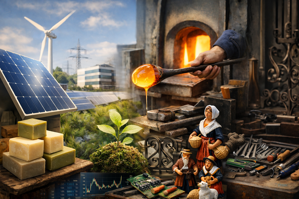 Atelier de production moderne d'une entreprise greentech française en 2026, avec des techniciens assemblant un produit innovant pour la sobriété énergétique.