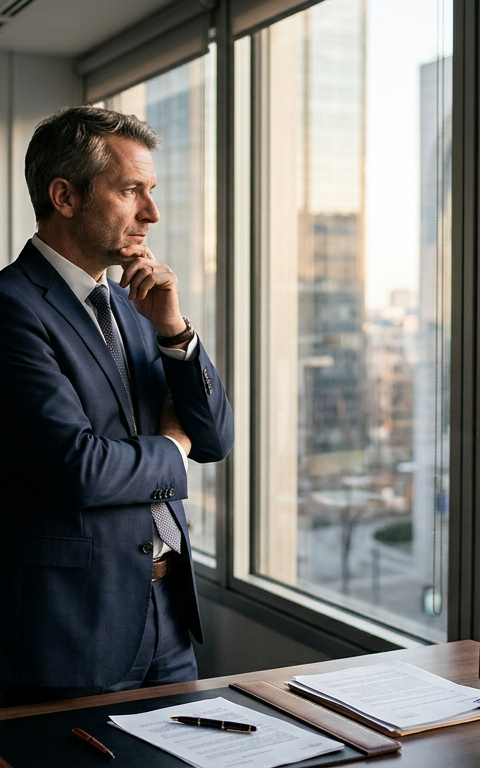 Un dirigeant de TPE ou un freelance, l'air préoccupé, devant un graphique boursier montrant une baisse, symbolisant l'érosion de son épargne sur Livret A face à l'inflation.