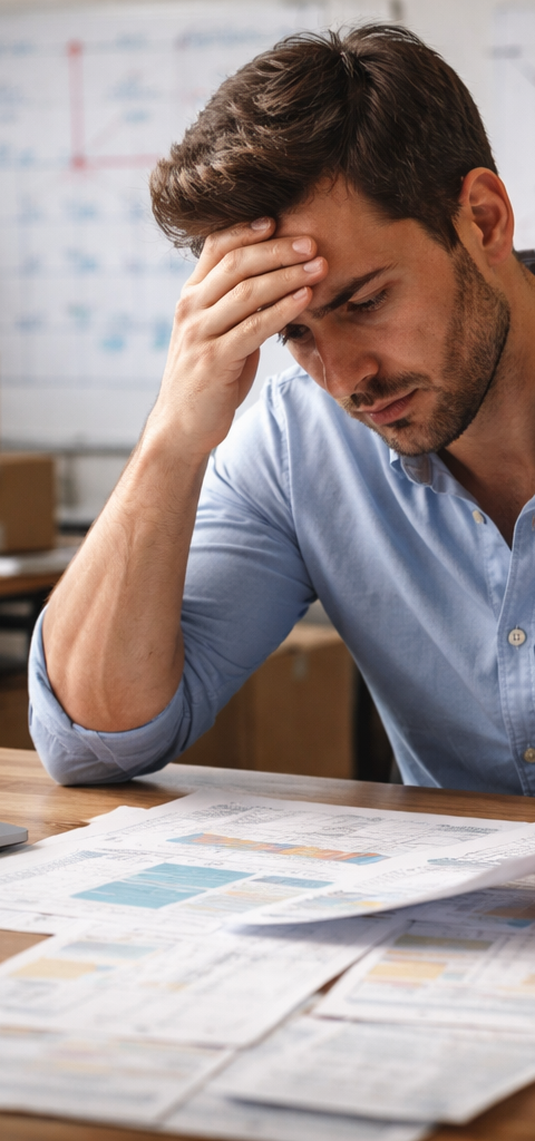 Une jeune entrepreneure stressée devant un tableau de bord financier complexe, illustrant les erreurs de trésorerie qui menacent la survie de son entreprise en pleine croissance.