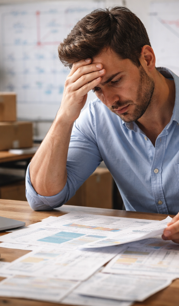 Une jeune entrepreneure stressée devant un tableau de bord financier complexe, illustrant les erreurs de trésorerie qui menacent la survie de son entreprise en pleine croissance.