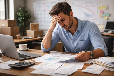Une jeune entrepreneure stressée devant un tableau de bord financier complexe, illustrant les erreurs de trésorerie qui menacent la survie de son entreprise en pleine croissance.