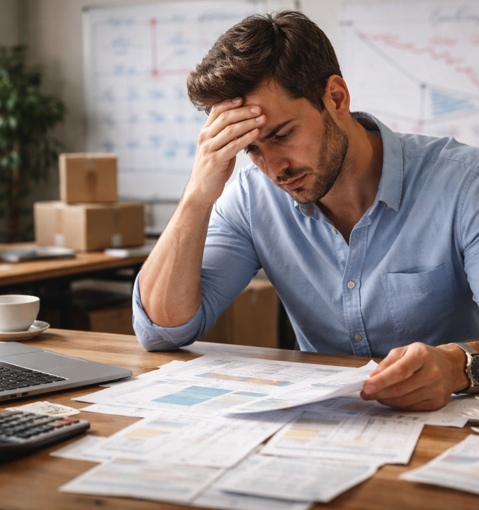 Une jeune entrepreneure stressée devant un tableau de bord financier complexe, illustrant les erreurs de trésorerie qui menacent la survie de son entreprise en pleine croissance.