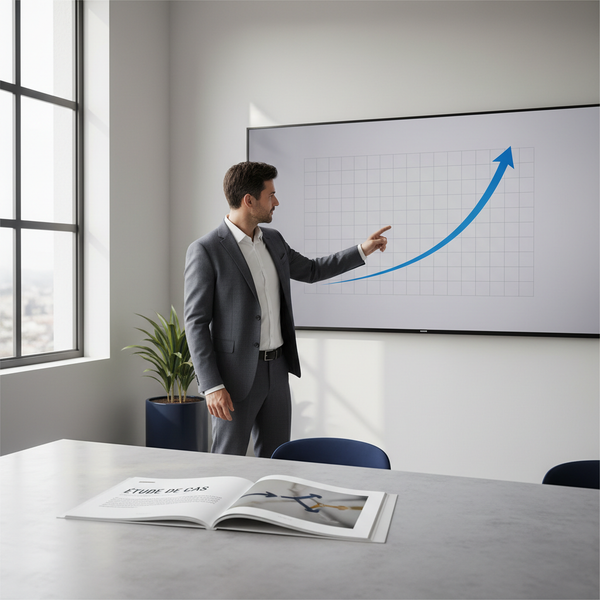 Illustration d'un graphique de croissance et d'engrenages symbolisant une machine à conversion, avec des icônes de témoignages et d'études de cas.