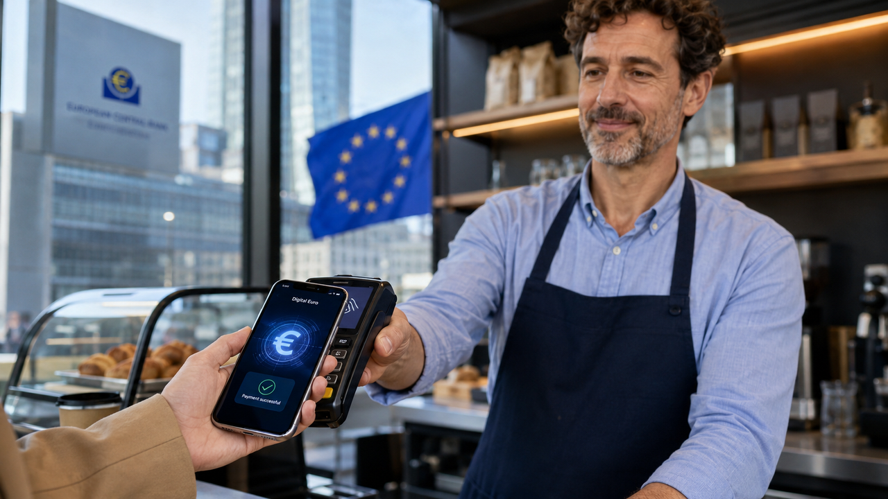 Paiement en euros numériques par smartphone dans un commerce européen, avec un terminal sans contact et le drapeau de l’Union européenne en arrière-plan.