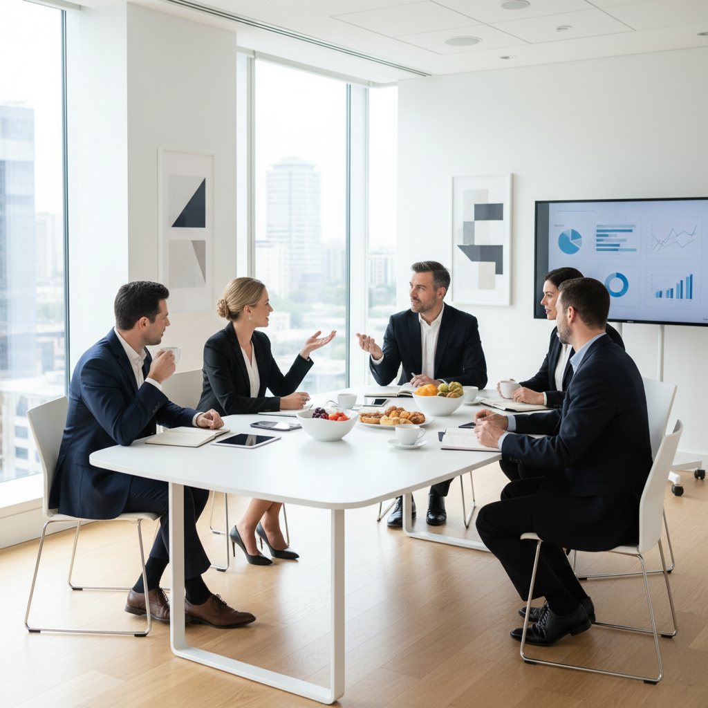 Dirigeants de PME discutant lors d'un petit-déjeuner d'affaires, illustrant le ROI d'un événement client privé réussi.