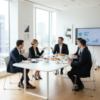 Dirigeants de PME discutant lors d'un petit-déjeuner d'affaires, illustrant le ROI d'un événement client privé réussi.