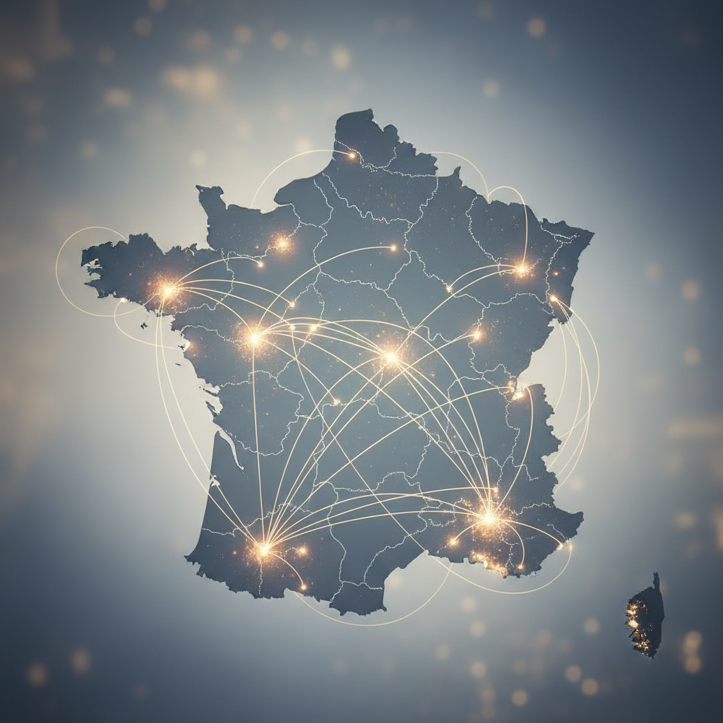 Carte de France stylisée avec des zones colorées représentant l'exonération fiscale territoire et les dispositifs France Ruralités 2027 pour les PME.