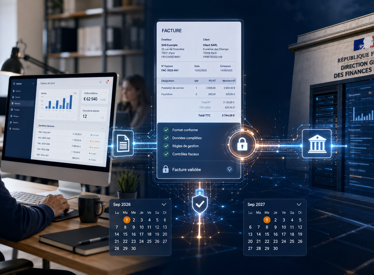 PME transmettant une facture électronique sécurisée via une plateforme agréée vers l’administration fiscale, avec les échéances de septembre 2026 et septembre 2027.