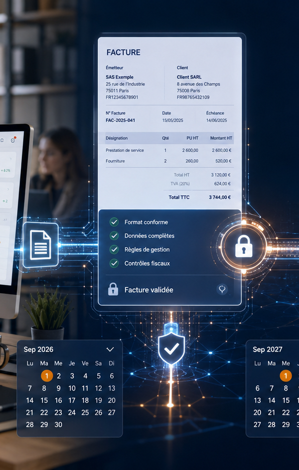 PME transmettant une facture électronique sécurisée via une plateforme agréée vers l’administration fiscale, avec les échéances de septembre 2026 et septembre 2027.