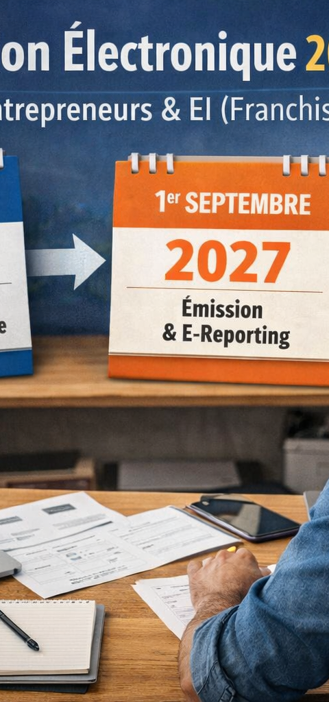 Un entrepreneur individuel assis à son bureau consulte sur ordinateur une facture électronique, entouré de documents administratifs, d’un carnet et d’une calculatrice, devant une mise en scène visuelle illustrant les échéances de la réforme de la facturation électronique entre le 1er septembre 2026 et le 1er septembre 2027 pour les micro-entrepreneurs et entreprises individuelles en franchise de TVA.