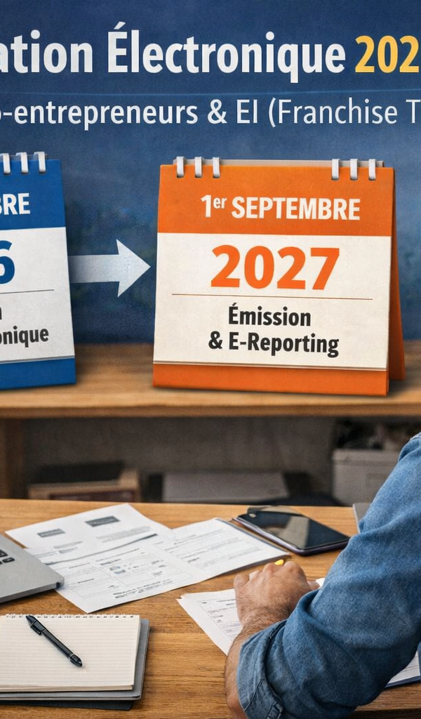 Un entrepreneur individuel assis à son bureau consulte sur ordinateur une facture électronique, entouré de documents administratifs, d’un carnet et d’une calculatrice, devant une mise en scène visuelle illustrant les échéances de la réforme de la facturation électronique entre le 1er septembre 2026 et le 1er septembre 2027 pour les micro-entrepreneurs et entreprises individuelles en franchise de TVA.
