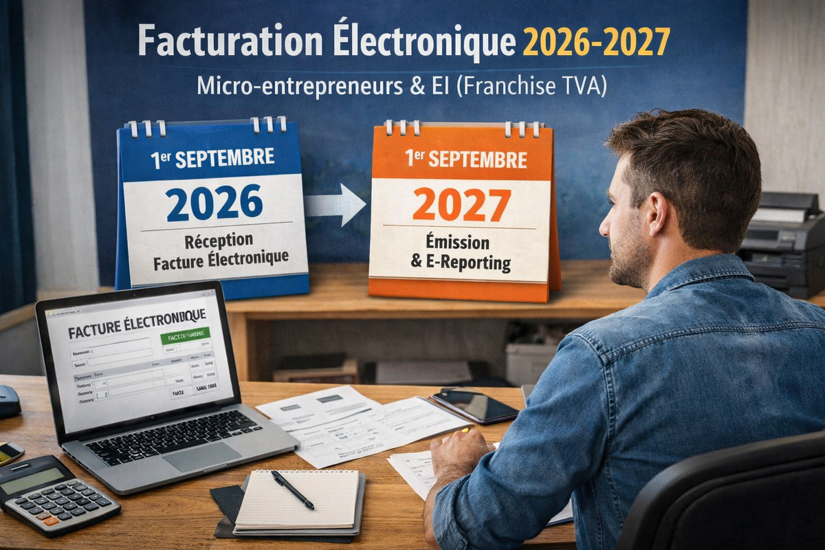 Un entrepreneur individuel assis à son bureau consulte sur ordinateur une facture électronique, entouré de documents administratifs, d’un carnet et d’une calculatrice, devant une mise en scène visuelle illustrant les échéances de la réforme de la facturation électronique entre le 1er septembre 2026 et le 1er septembre 2027 pour les micro-entrepreneurs et entreprises individuelles en franchise de TVA.