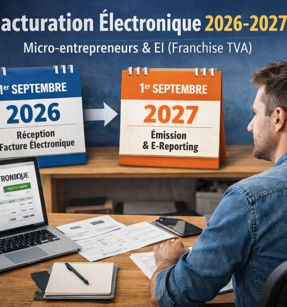 Un entrepreneur individuel assis à son bureau consulte sur ordinateur une facture électronique, entouré de documents administratifs, d’un carnet et d’une calculatrice, devant une mise en scène visuelle illustrant les échéances de la réforme de la facturation électronique entre le 1er septembre 2026 et le 1er septembre 2027 pour les micro-entrepreneurs et entreprises individuelles en franchise de TVA.
