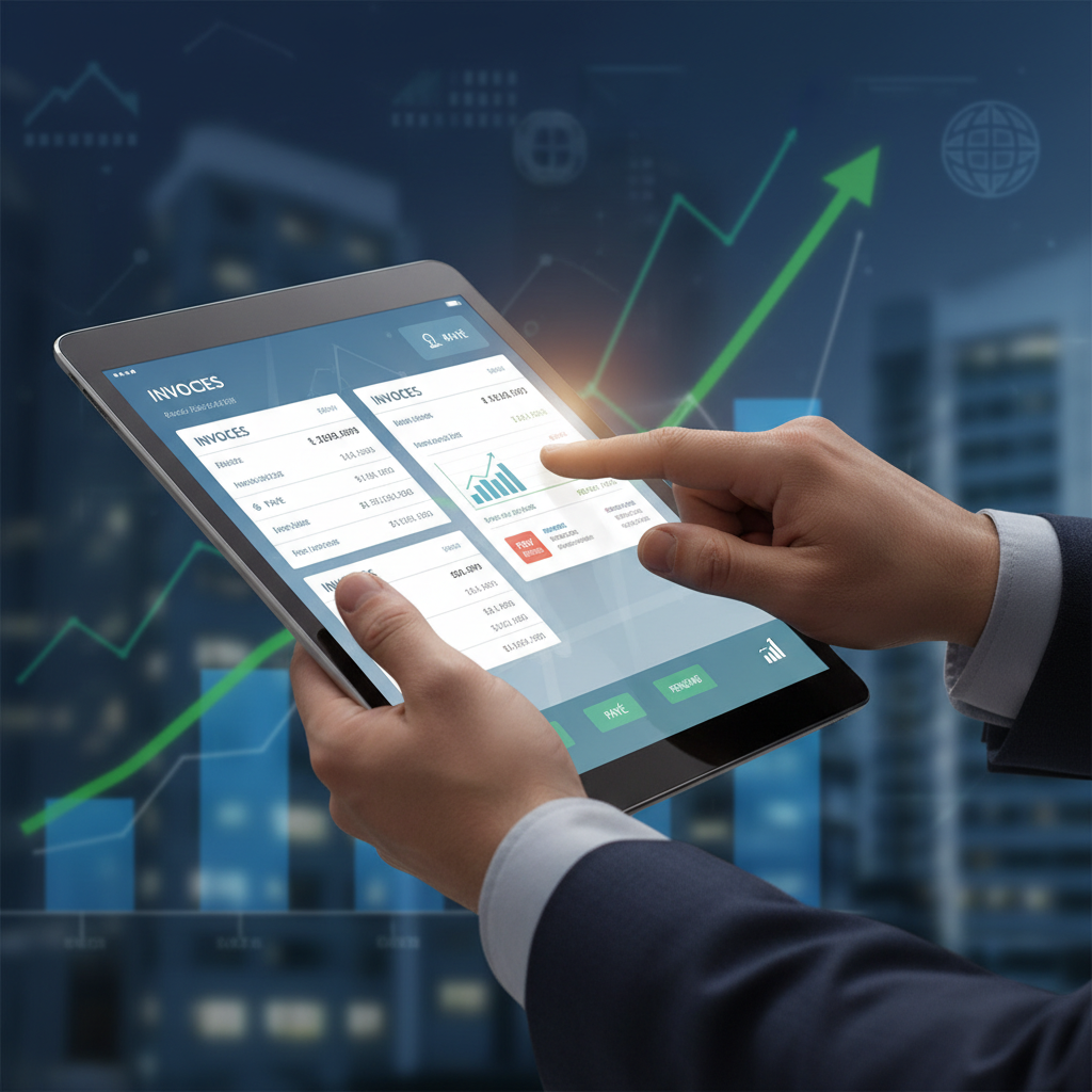 Illustration d'une main tenant une tablette affichant une facture numérique, symbolisant la facturation électronique obligatoire pour les PME et TPE en 2026.