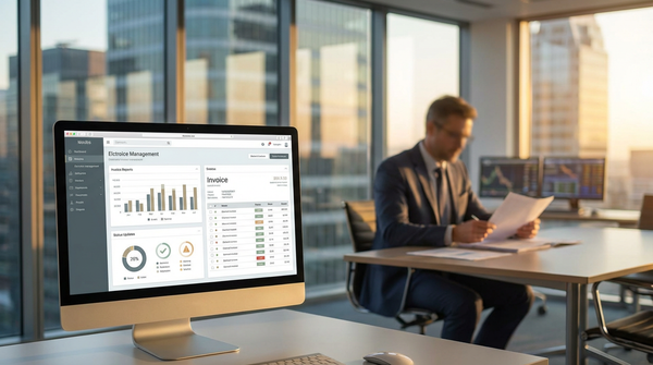 Illustration d'un écran d'ordinateur affichant des factures dématérialisées avec le logo DGFiP en arrière-plan, symbolisant la transition vers la facturation électronique B2B pour les entreprises.