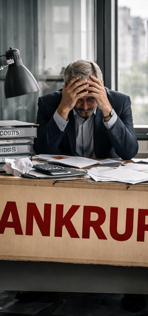 Bureau d’entreprise en crise, photographié en format paysage, montrant une scène de faillite avec dirigeants et salariés visiblement sous pression, documents éparpillés, cartons de départ et ambiance tendue dans un open space professionnel.