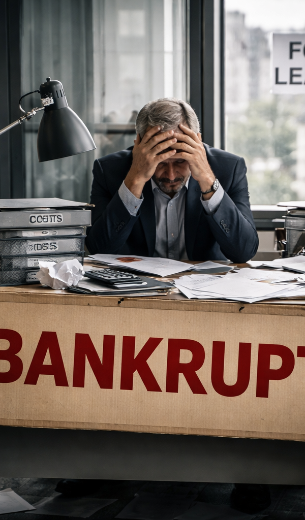 Bureau d’entreprise en crise, photographié en format paysage, montrant une scène de faillite avec dirigeants et salariés visiblement sous pression, documents éparpillés, cartons de départ et ambiance tendue dans un open space professionnel.