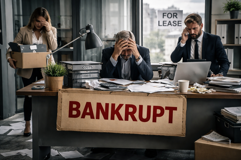 Bureau d’entreprise en crise, photographié en format paysage, montrant une scène de faillite avec dirigeants et salariés visiblement sous pression, documents éparpillés, cartons de départ et ambiance tendue dans un open space professionnel.