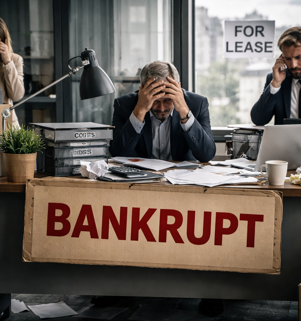 Bureau d’entreprise en crise, photographié en format paysage, montrant une scène de faillite avec dirigeants et salariés visiblement sous pression, documents éparpillés, cartons de départ et ambiance tendue dans un open space professionnel.