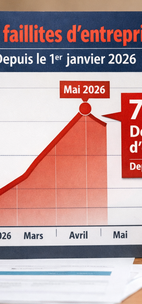 Graphique éditorial illustrant la forte hausse des défaillances d’entreprises en France depuis le 1er janvier 2026, avec une courbe rouge ascendante mettant en avant le seuil de 71 300 défaillances dans un contexte de tension économique.