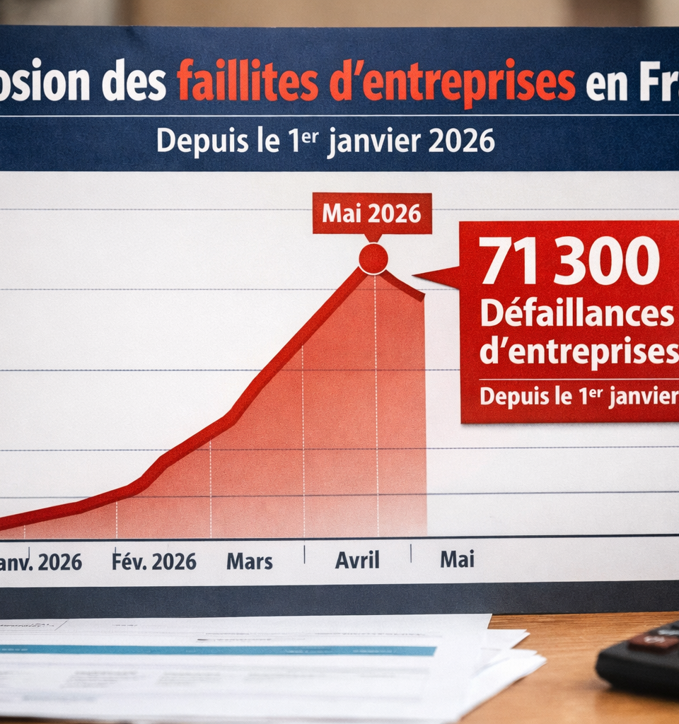 Graphique éditorial illustrant la forte hausse des défaillances d’entreprises en France depuis le 1er janvier 2026, avec une courbe rouge ascendante mettant en avant le seuil de 71 300 défaillances dans un contexte de tension économique.