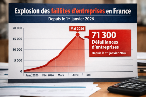 Graphique éditorial illustrant la forte hausse des défaillances d’entreprises en France depuis le 1er janvier 2026, avec une courbe rouge ascendante mettant en avant le seuil de 71 300 défaillances dans un contexte de tension économique.