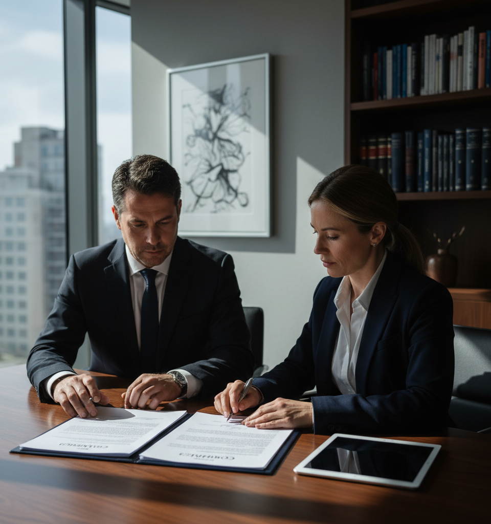 Illustration d'un contrat de travail se transformant en contrat de prestation, symbolisant le risque de faux freelance requalification pour les entreprises.
