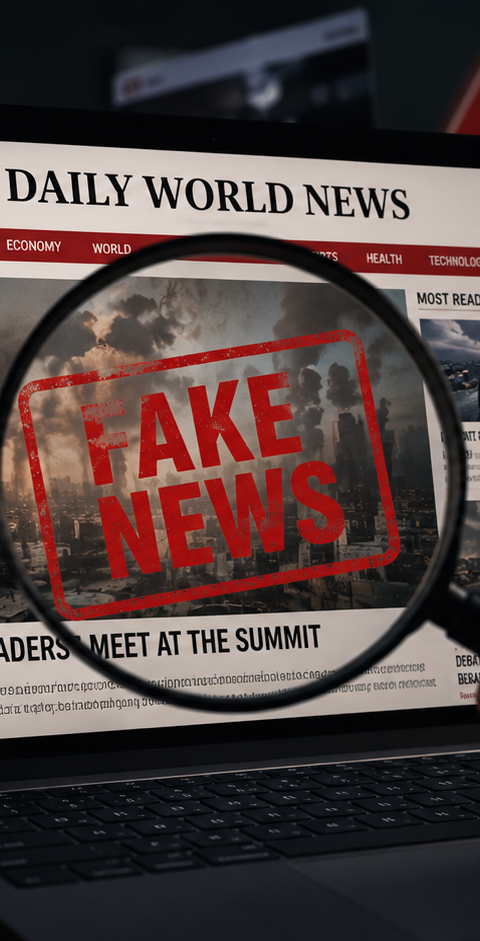 Illustration réaliste représentant la prolifération des faux médias générés par intelligence artificielle, avec un ordinateur affichant un site d’actualités suspect analysé à la loupe, symbolisant les enjeux de désinformation, de vérification des sources et de confiance dans l’information en ligne. Source : Entreprisma.