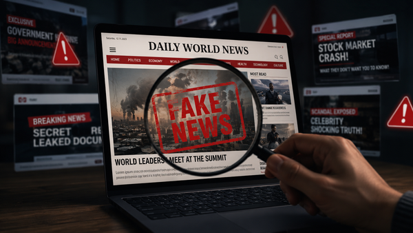 Illustration réaliste représentant la prolifération des faux médias générés par intelligence artificielle, avec un ordinateur affichant un site d’actualités suspect analysé à la loupe, symbolisant les enjeux de désinformation, de vérification des sources et de confiance dans l’information en ligne. Source : Entreprisma.