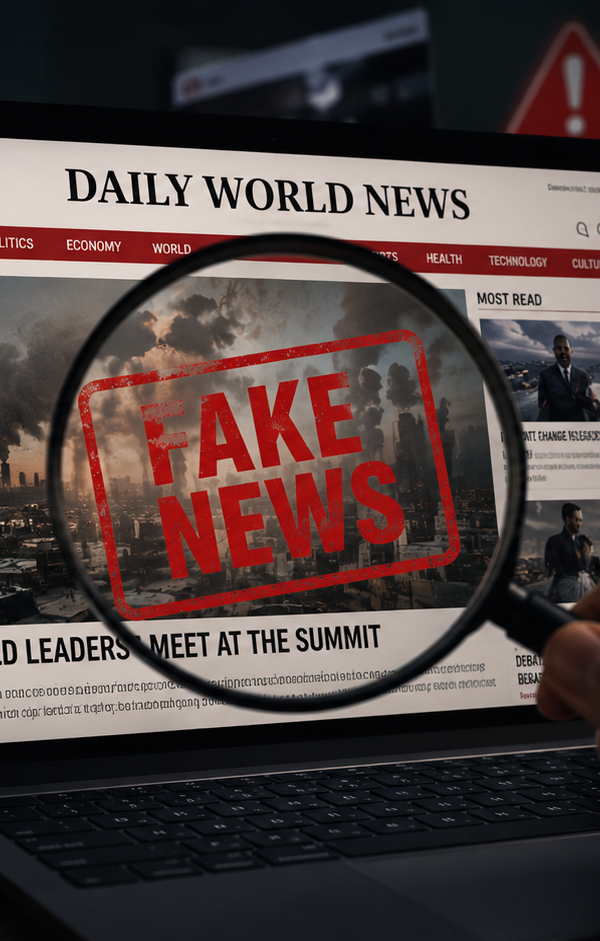 Illustration réaliste représentant la prolifération des faux médias générés par intelligence artificielle, avec un ordinateur affichant un site d’actualités suspect analysé à la loupe, symbolisant les enjeux de désinformation, de vérification des sources et de confiance dans l’information en ligne. Source : Entreprisma.