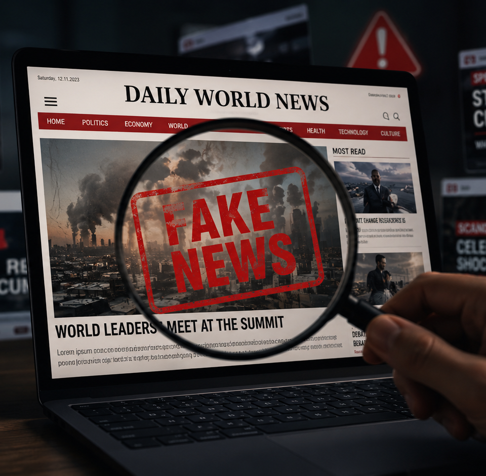 Illustration réaliste représentant la prolifération des faux médias générés par intelligence artificielle, avec un ordinateur affichant un site d’actualités suspect analysé à la loupe, symbolisant les enjeux de désinformation, de vérification des sources et de confiance dans l’information en ligne. Source : Entreprisma.