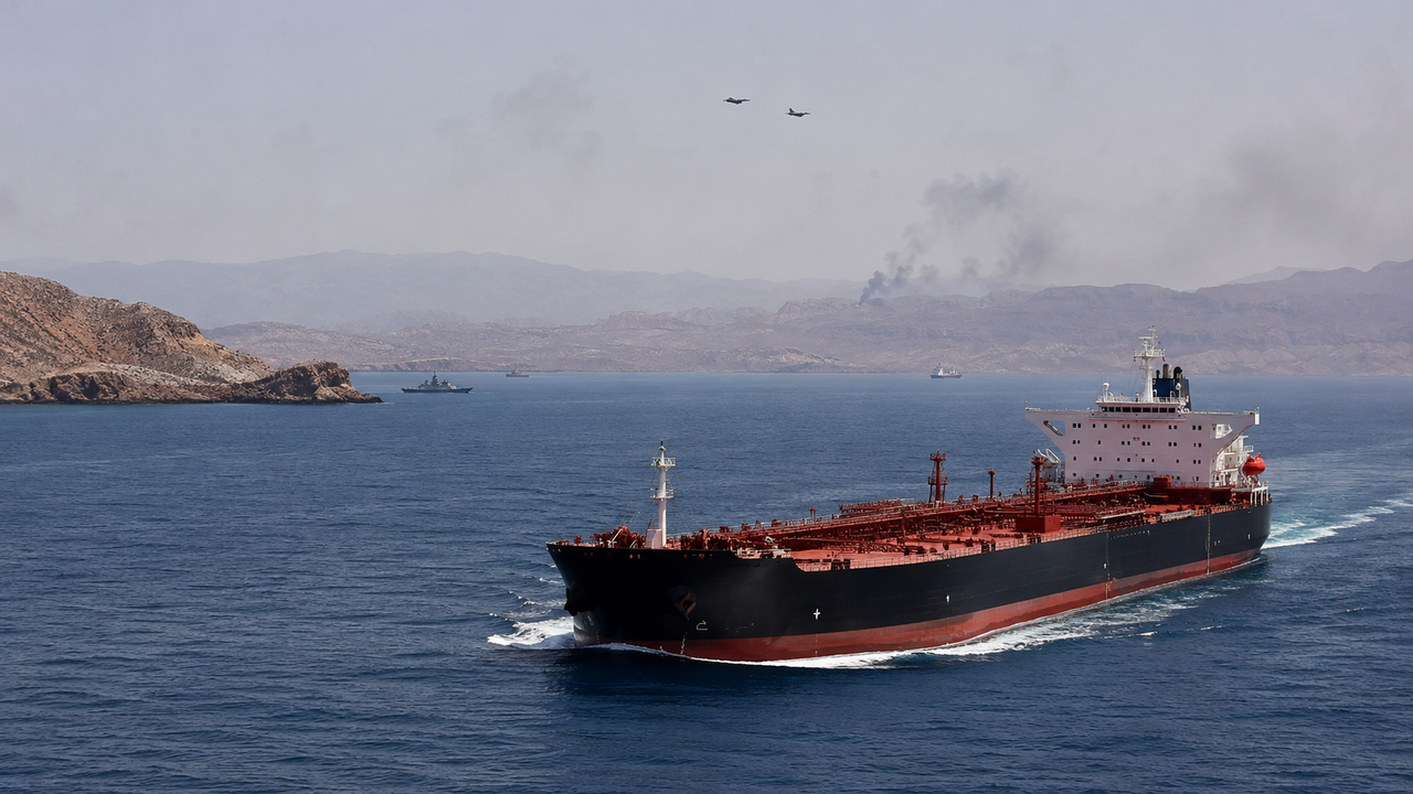 Pétrolier traversant le détroit d’Ormuz sous surveillance militaire, sur fond de tensions géopolitiques.