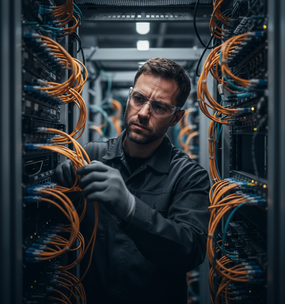 Schéma illustrant la transition du réseau cuivre vers la fibre optique, avec des câbles et des flèches, symbolisant la Fin du Cuivre en 2026 pour les entreprises.