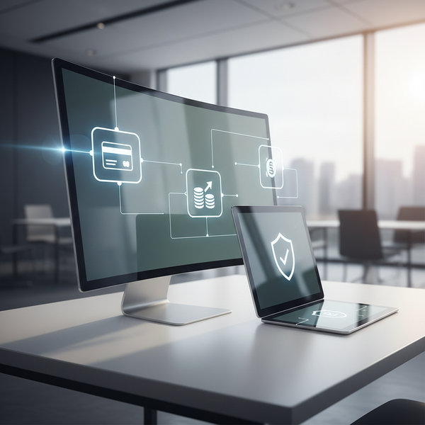 Une image conceptuelle de la finance embarquée pour PME, illustrant l'intégration du paiement, du crédit et de l'assurance dans un écosystème numérique d'entreprise moderne.