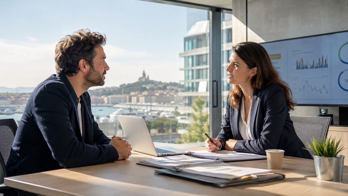 Scène réaliste de rendez-vous professionnel entre un entrepreneur et une conseillère en financement dans un bureau moderne avec vue sur Marseille, dossiers, ordinateur portable et graphiques de performance en arrière-plan, illustrant l’accompagnement au financement des entreprises en région PACA.