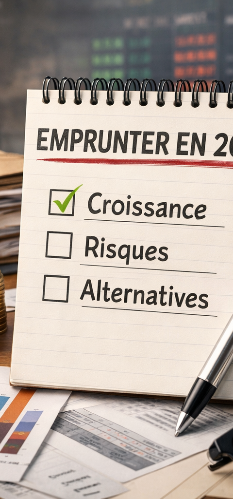 Graphique illustrant l'évolution des taux d'emprunt pour le financement d’entreprise en 2026, avec des flèches montrant la baisse des taux et des icônes de banques sélectives.