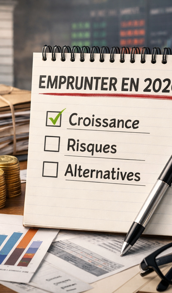 Graphique illustrant l'évolution des taux d'emprunt pour le financement d’entreprise en 2026, avec des flèches montrant la baisse des taux et des icônes de banques sélectives.