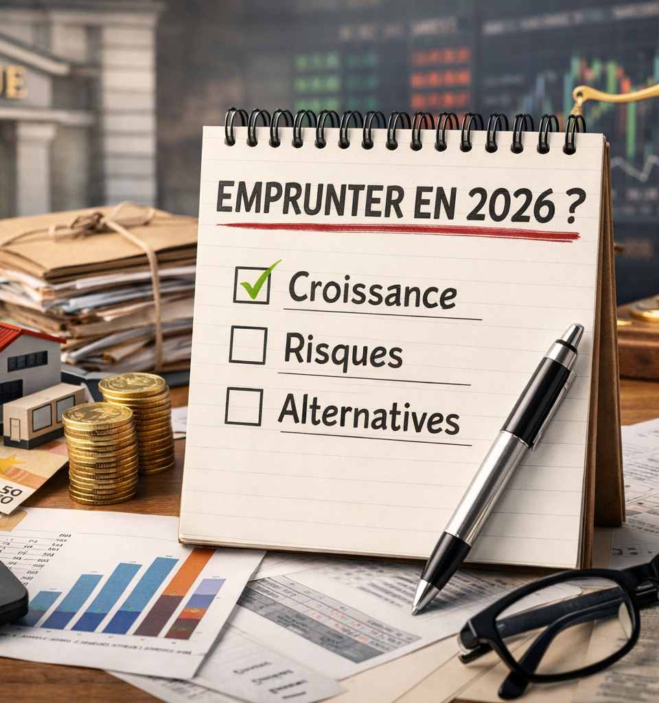 Graphique illustrant l'évolution des taux d'emprunt pour le financement d’entreprise en 2026, avec des flèches montrant la baisse des taux et des icônes de banques sélectives.