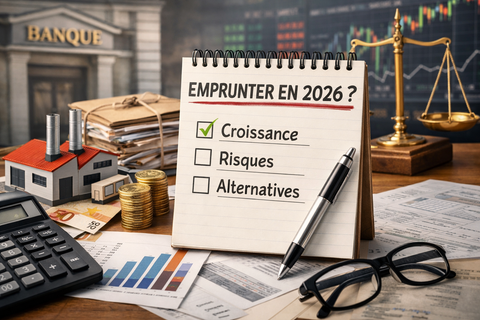 Graphique illustrant l'évolution des taux d'emprunt pour le financement d’entreprise en 2026, avec des flèches montrant la baisse des taux et des icônes de banques sélectives.