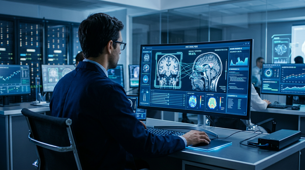 Une main humaine et une main robotique interagissent au-dessus d'un écran affichant des données médicales, symbolisant le Financement MedTech IA et l'innovation en diagnostic.