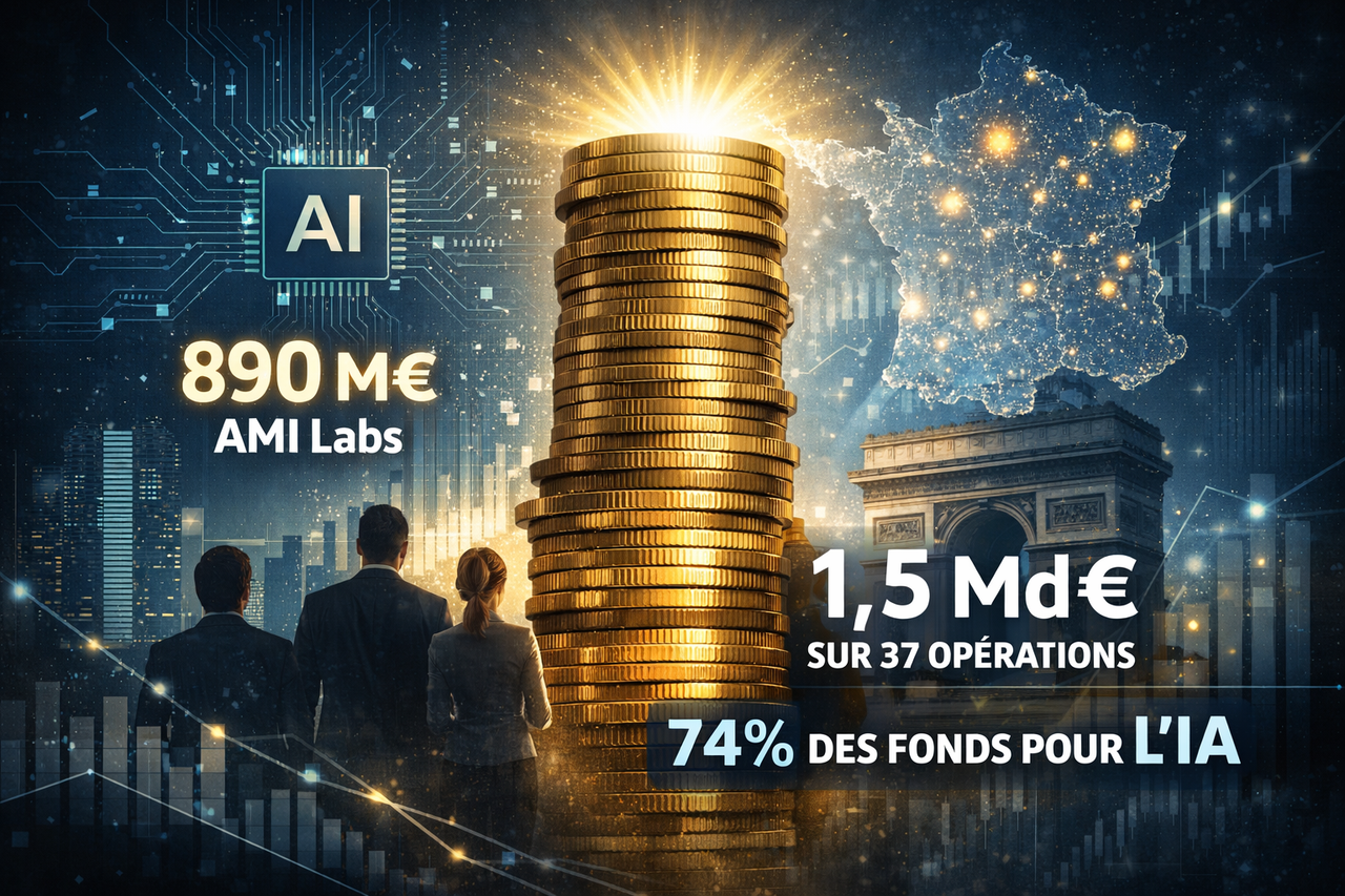 Graphique illustrant la répartition inégale du financement startup en France en mars 2026, avec une barre géante pour les méga-levées et de petites barres pour les autres, symbolisant la concentration du capital.